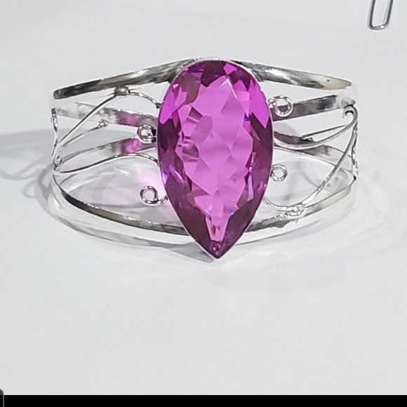 Pink Rubellite bracelet, 925 silver large pink rubellite adjustable cuff bangle - Picture 2 of 13